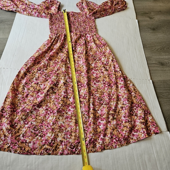 J Crew smocked puff sleeve midi faded floral dress pink brown, S - Picture 15 of 16